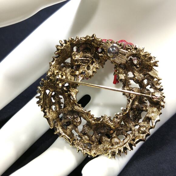 Vintage Wreath Brooch, Snow Enamel, Rhinestones, 1950s Signed ART - Picture 10 of 10